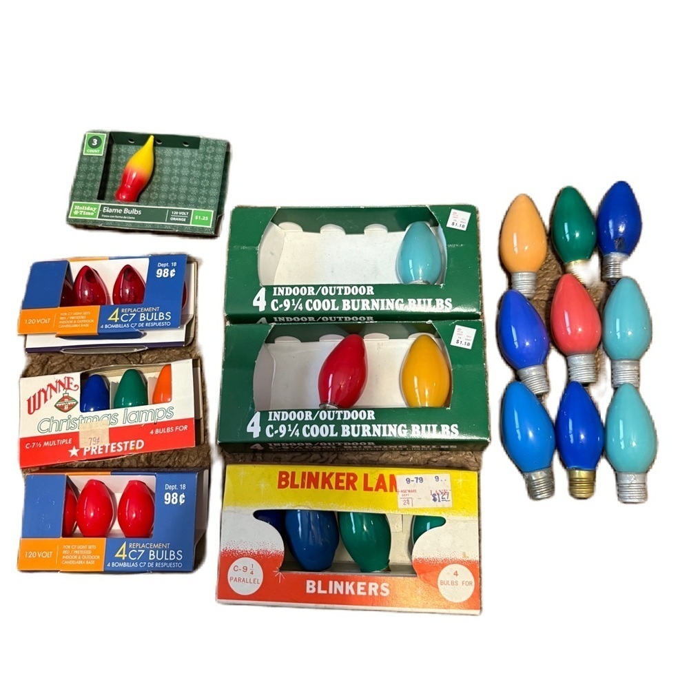 Vintage Multicolor Holiday String Light Bulbs Flame C 9 1/4 Blinker C7 C 7 1/2